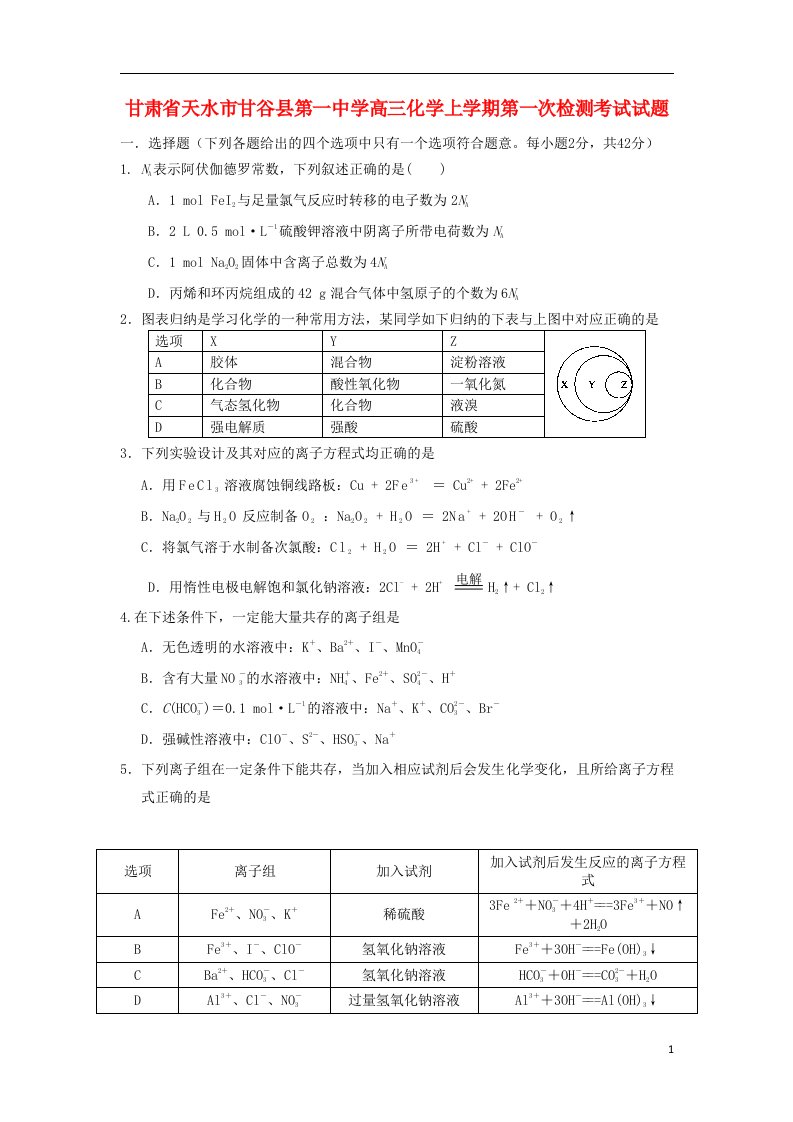 甘肃省天水市甘谷县第一中学高三化学上学期第一次检测考试试题