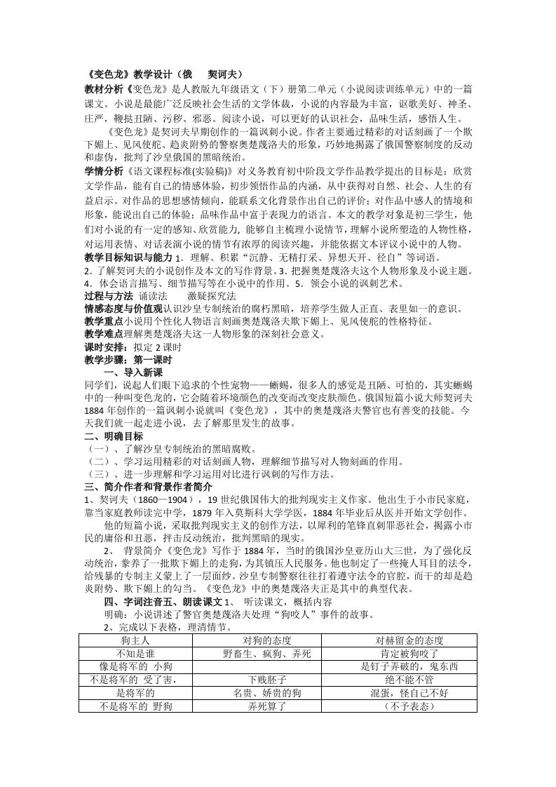 《变色龙》教学设计（俄