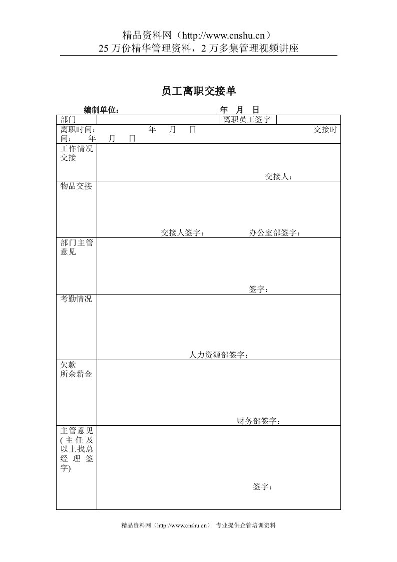 煤炭行业-人力资源部-员工离职交接单