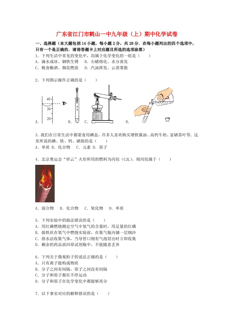 广东省江门市鹤山一中九级化学上学期期中试题（含解析）