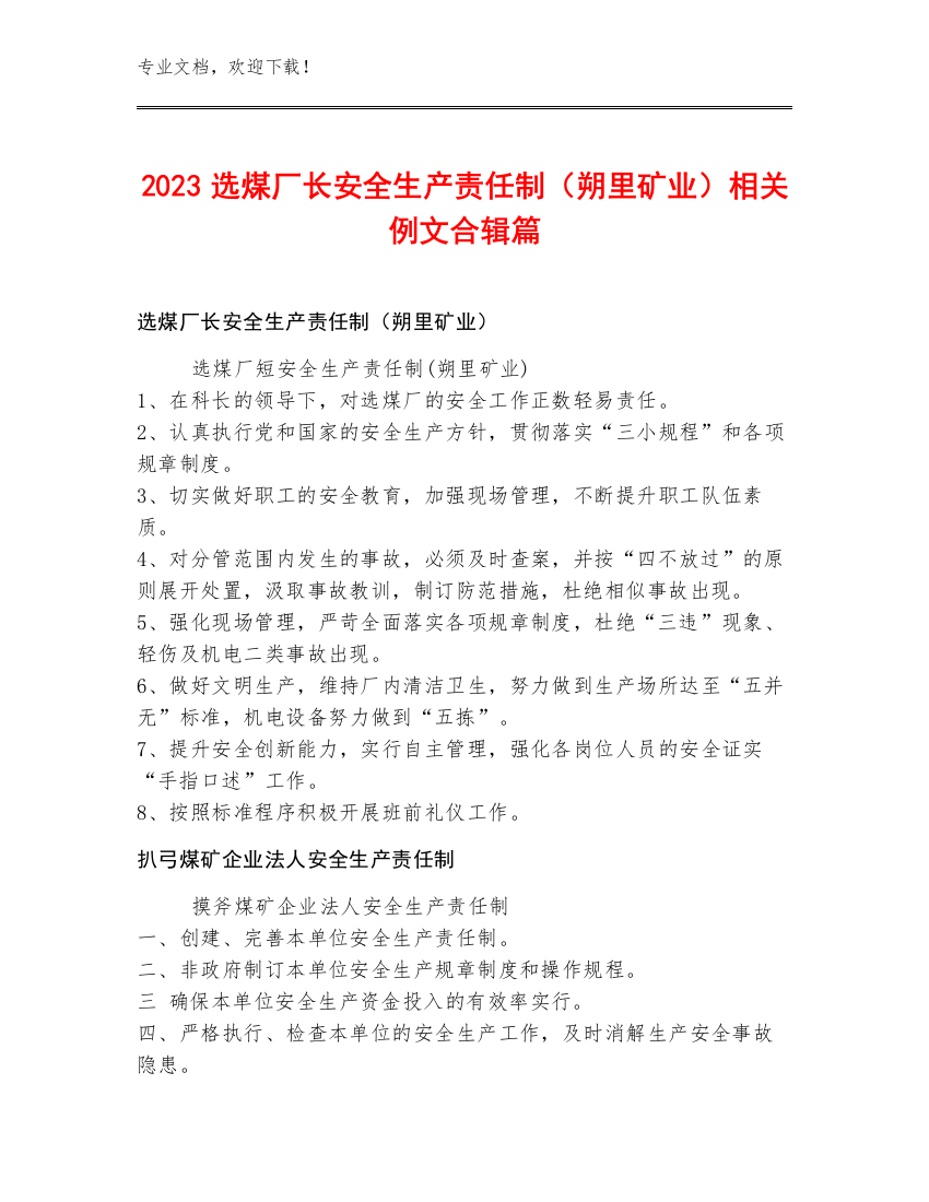 2023选煤厂长安全生产责任制（朔里矿业）例文合辑篇