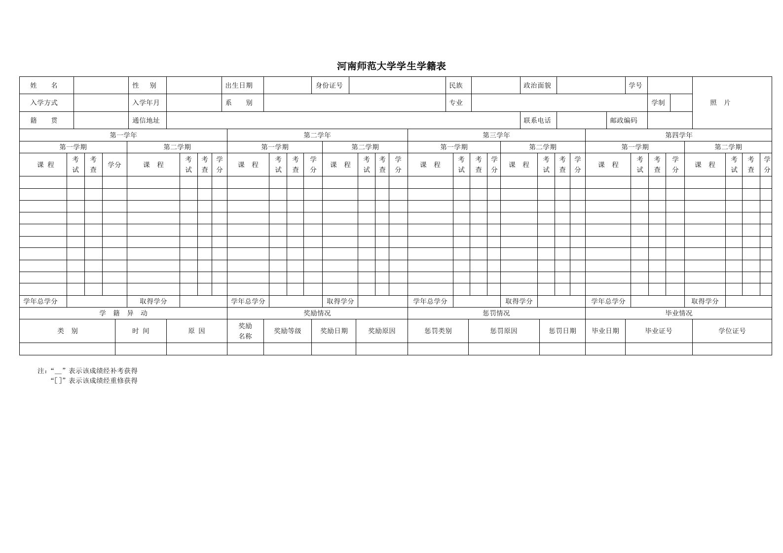 河南师范大学学生学籍表