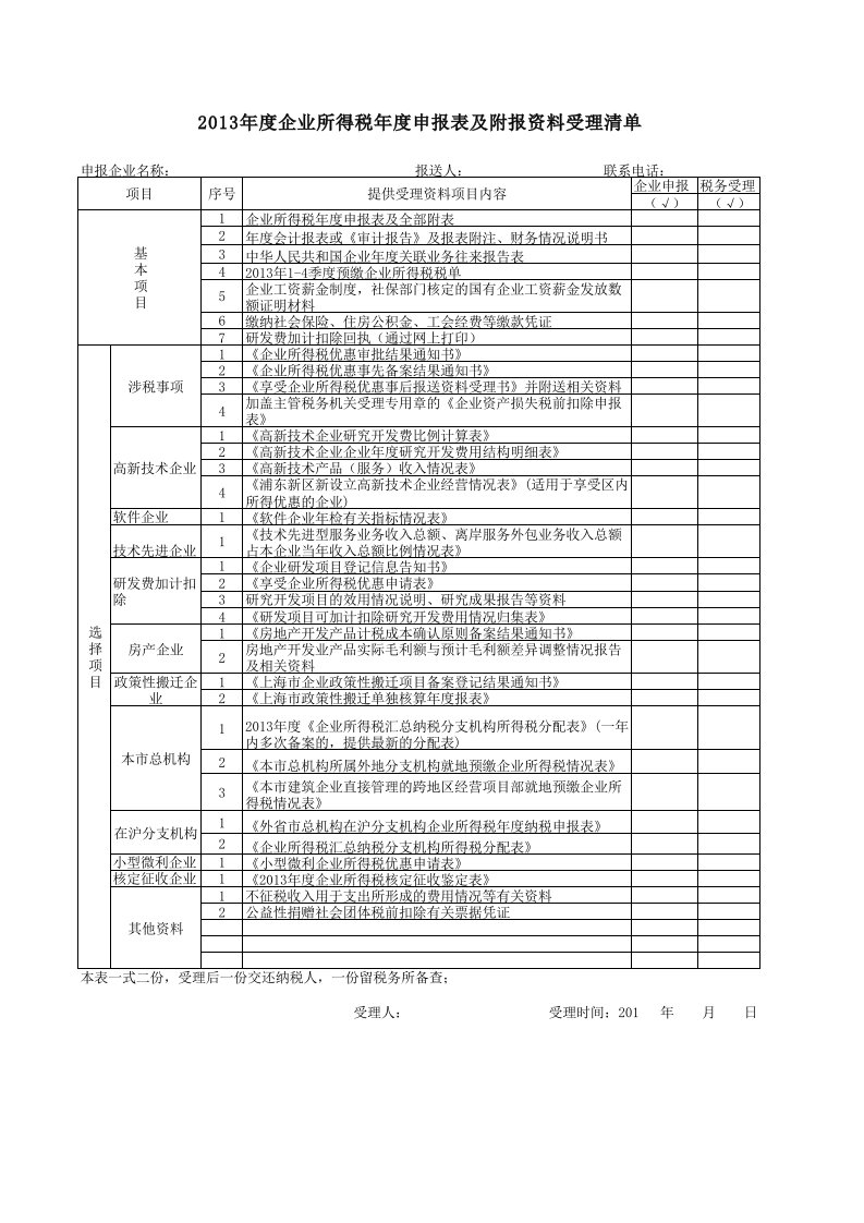 2013年度企业所得税年度申报表附报资料受理清单