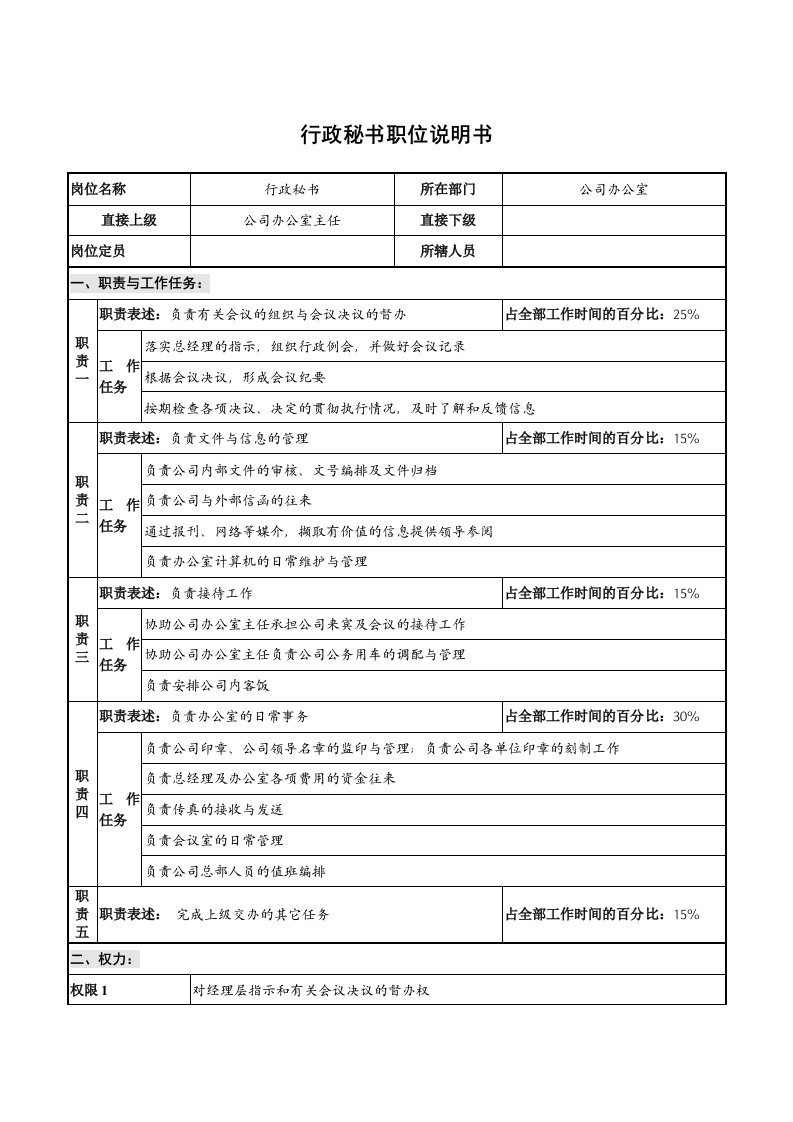 办公文秘-仪器生产企业行政秘书职位说明书