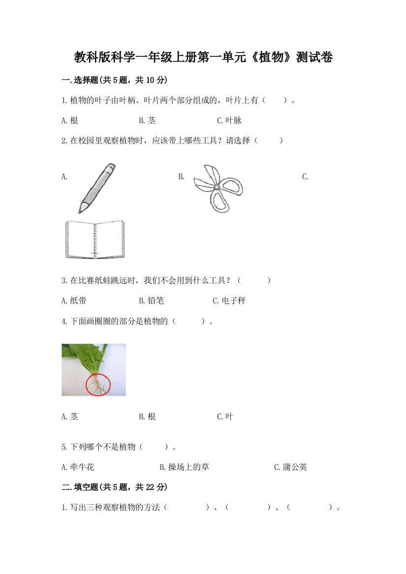 教科版科学一年级上册第一单元《植物》测试卷含答案(满分必刷)