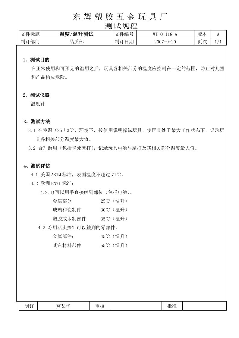 《东辉塑胶五金玩具厂检验标准与作业指导书全套》(74个文件)温度-温升测试-作业指导