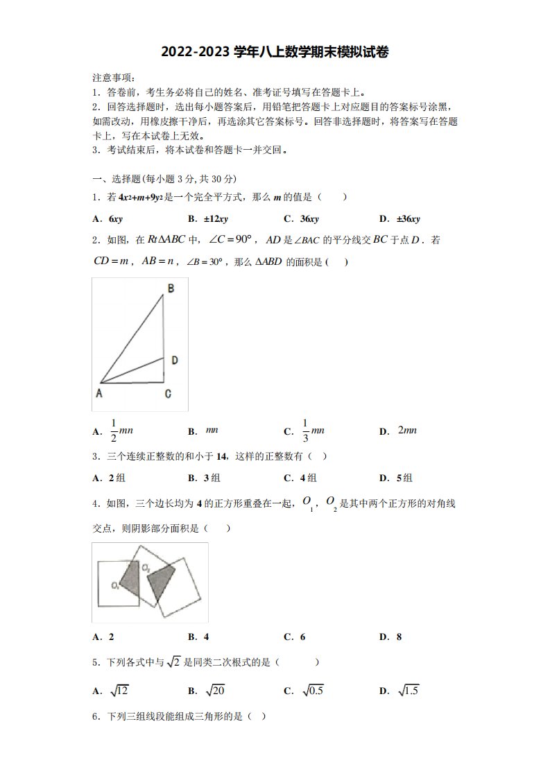 年八年级数学第一学期期末学业水平测试模拟试题含解析