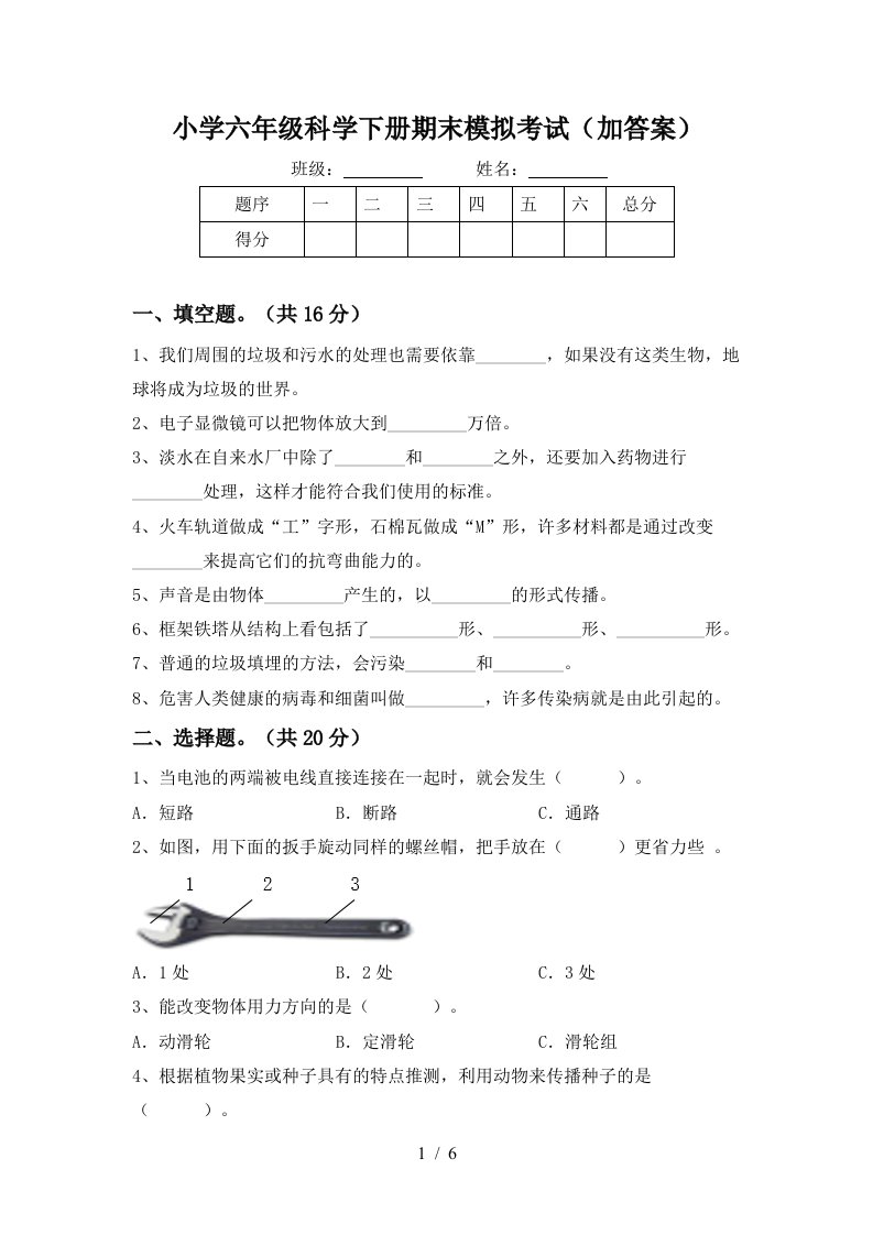 小学六年级科学下册期末模拟考试加答案