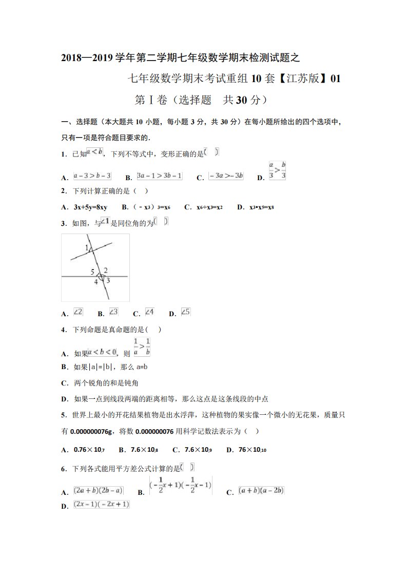 2024—2024学年第二学期七年级数学期末检测试题1江苏版苏科版七下含答精品