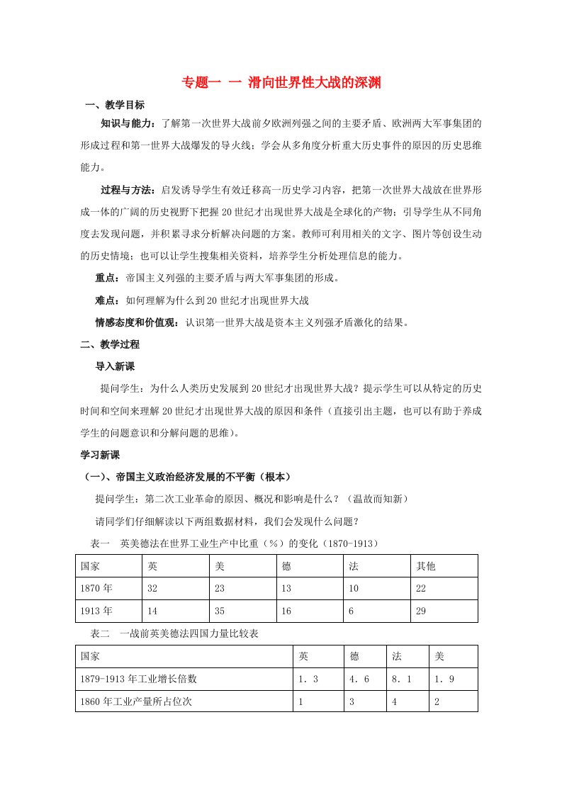 2020_2021学年高中历史专题一第一次世界大战一滑向世界性大战的深渊4教学教案人民版选修320210430240