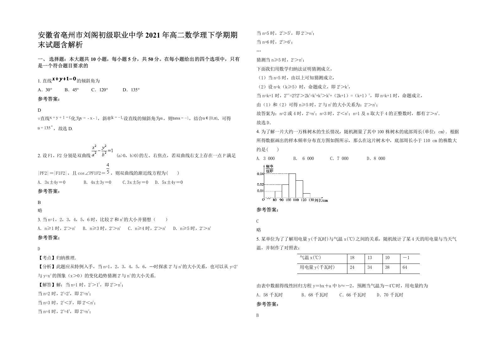 安徽省亳州市刘阁初级职业中学2021年高二数学理下学期期末试题含解析