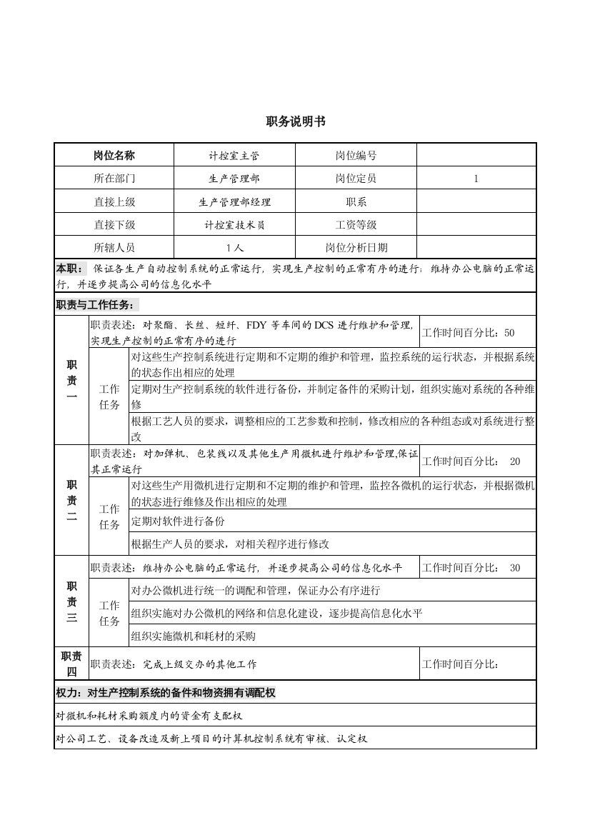 某咨询新丰化纤项目组计控室主管李相德职务说明书