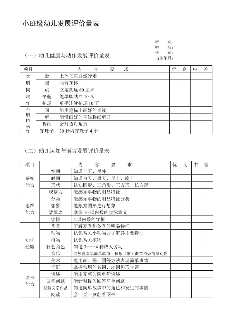 小、中、大班级幼儿发展评价量表