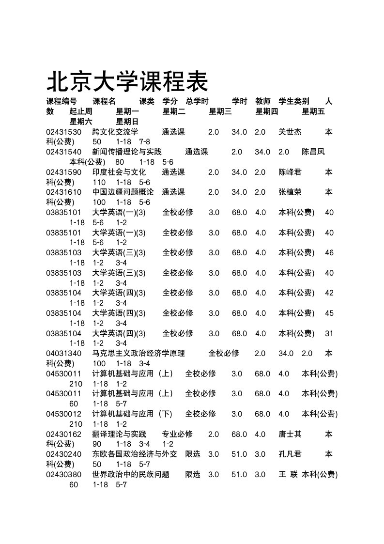 北京大学课程表