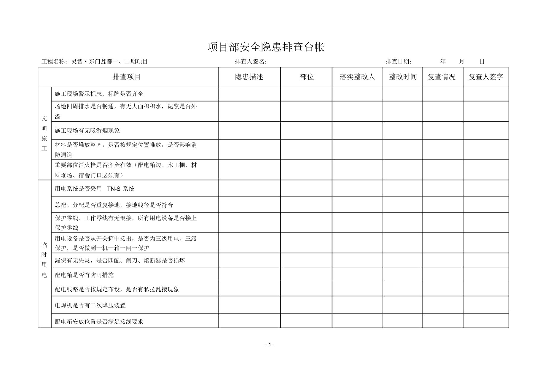 (完整版)项目部安全隐患排查表