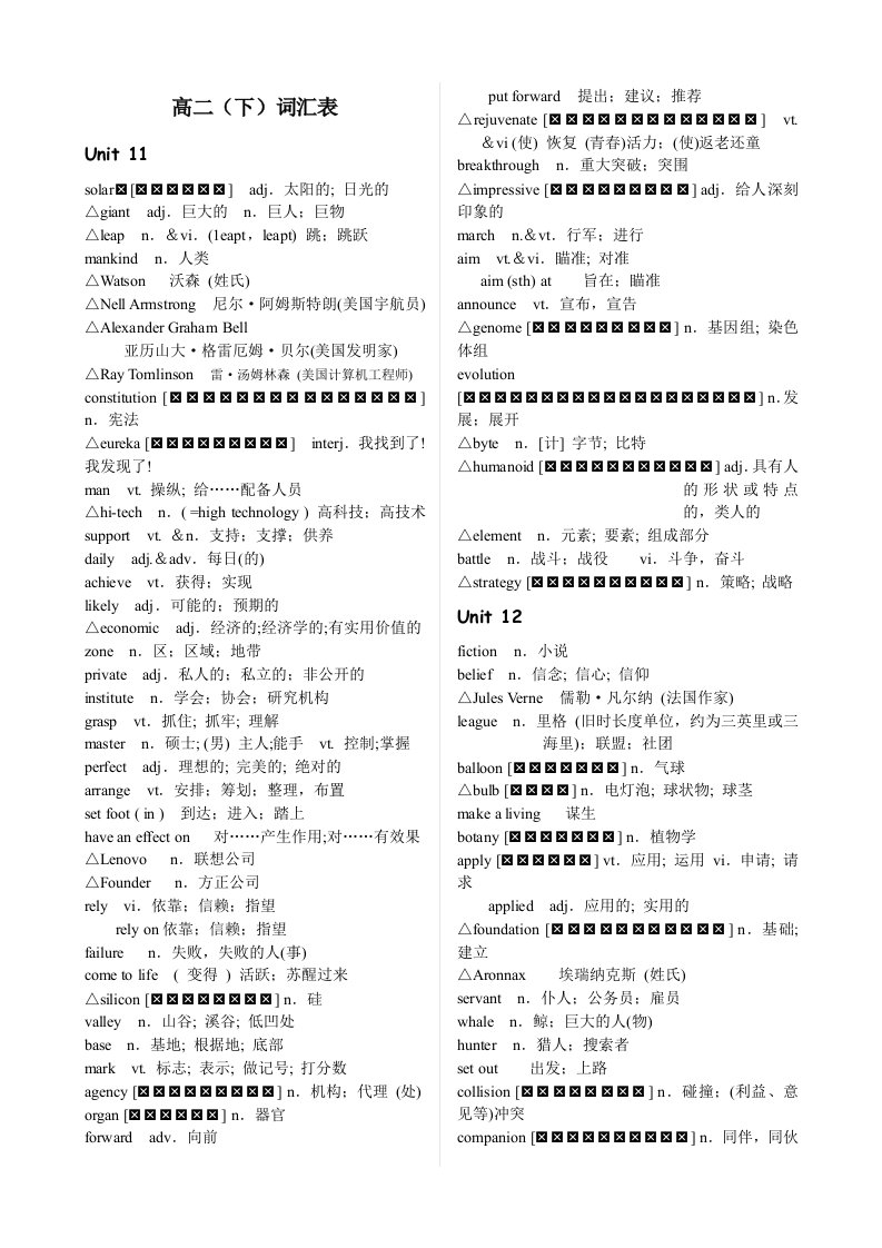 人教版高二(下)英语词汇表(按单元顺序)