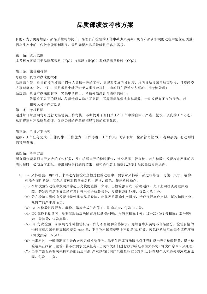 品质部绩效考核方案