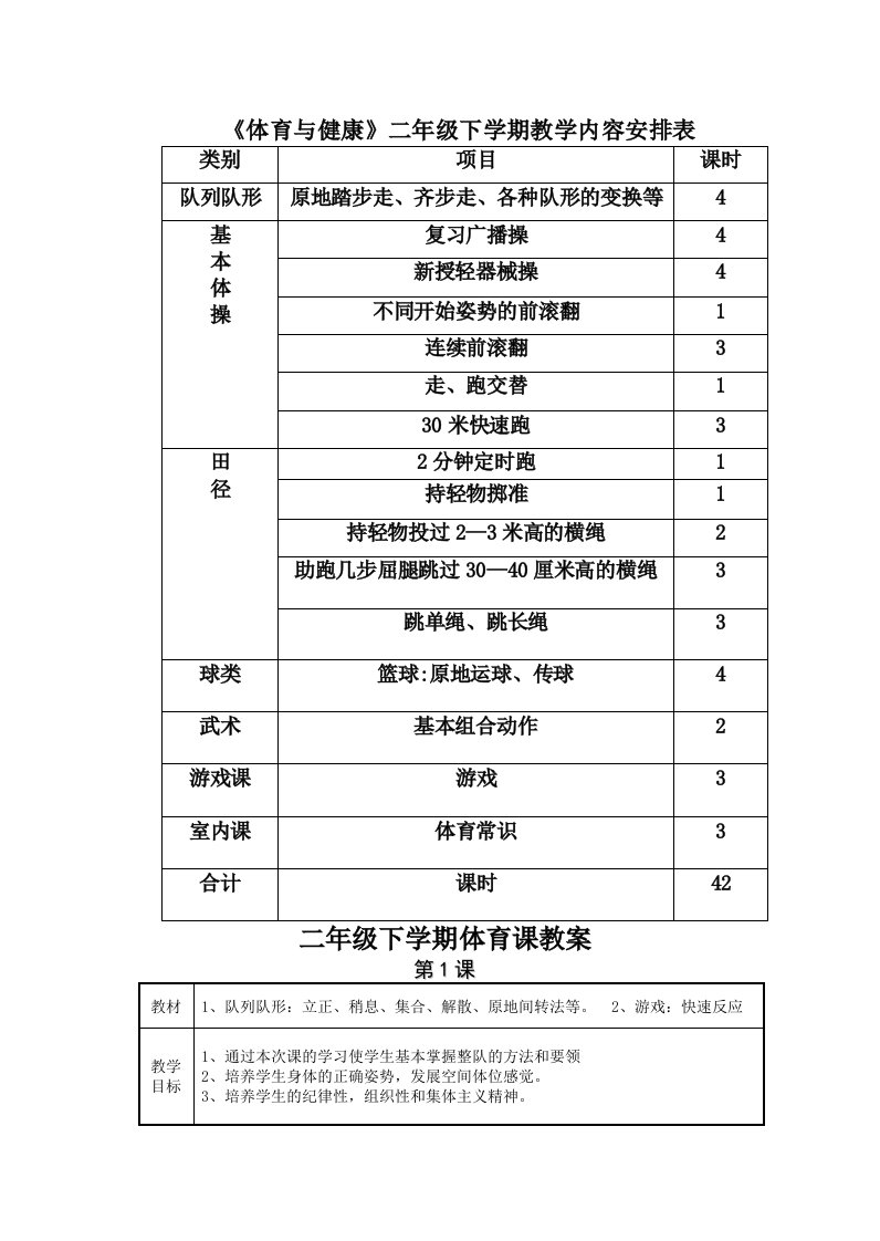 小学二年级体育与健康教案