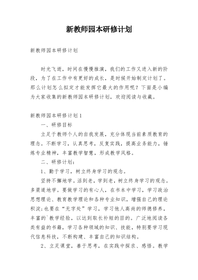 新教师园本研修计划