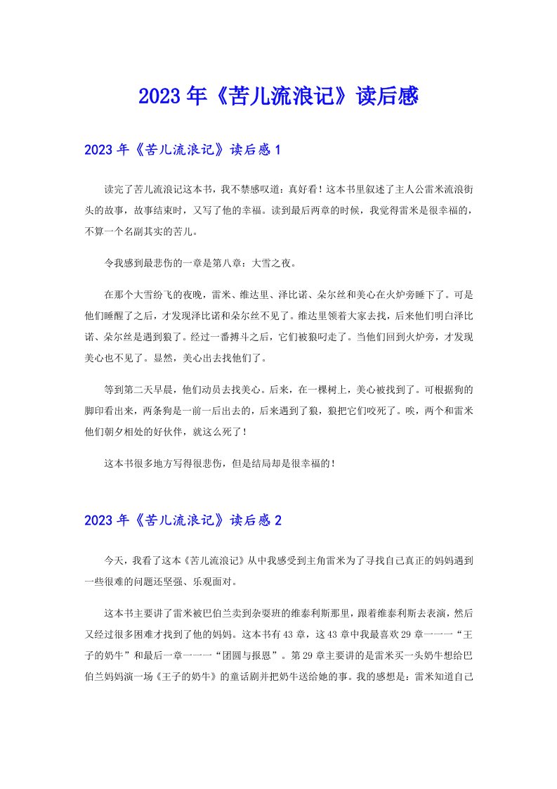 2023年《苦儿流浪记》读后感（精选）