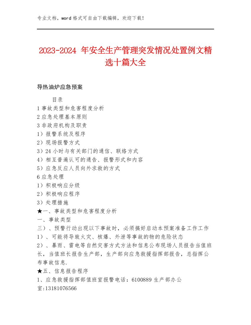 2023-2024年安全生产管理突发情况处置例文精选十篇大全