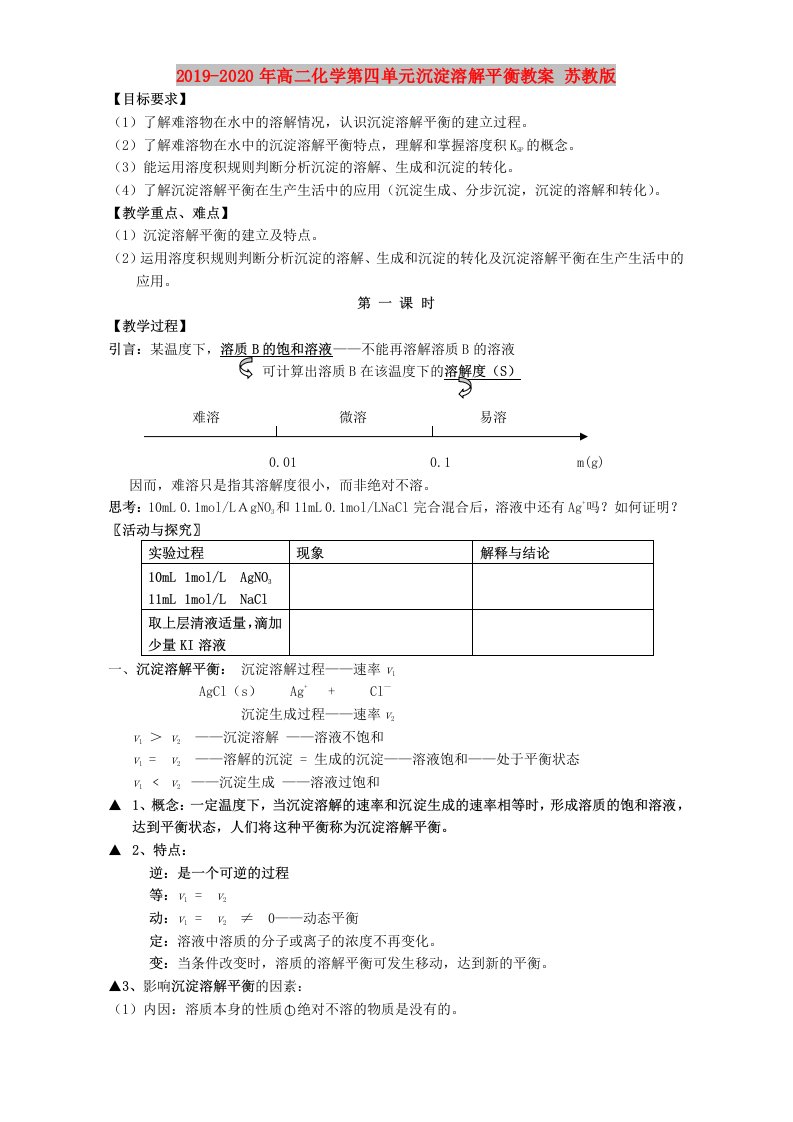 2019-2020年高二化学第四单元沉淀溶解平衡教案