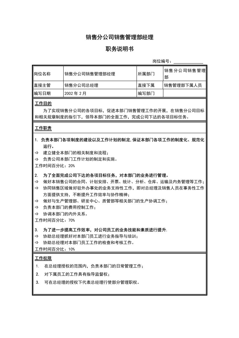 销售公司管理部经理岗位说明书