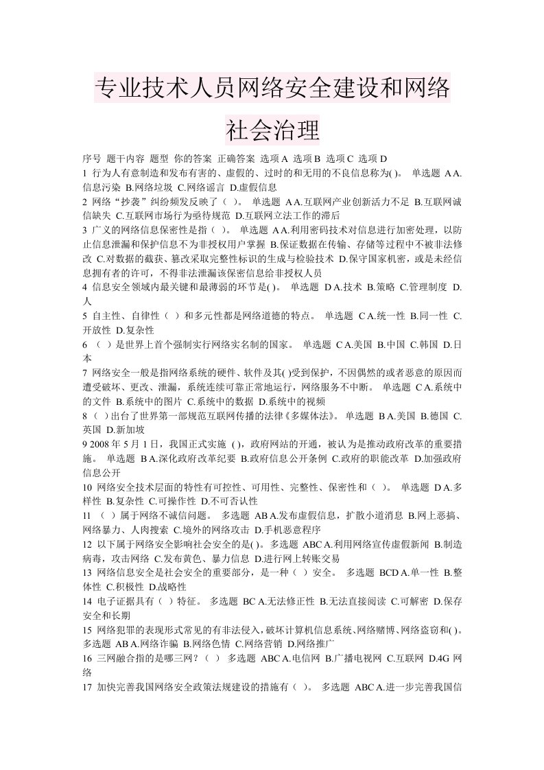 继续教育专业技术人员网络安全建设和网络社会治理答案