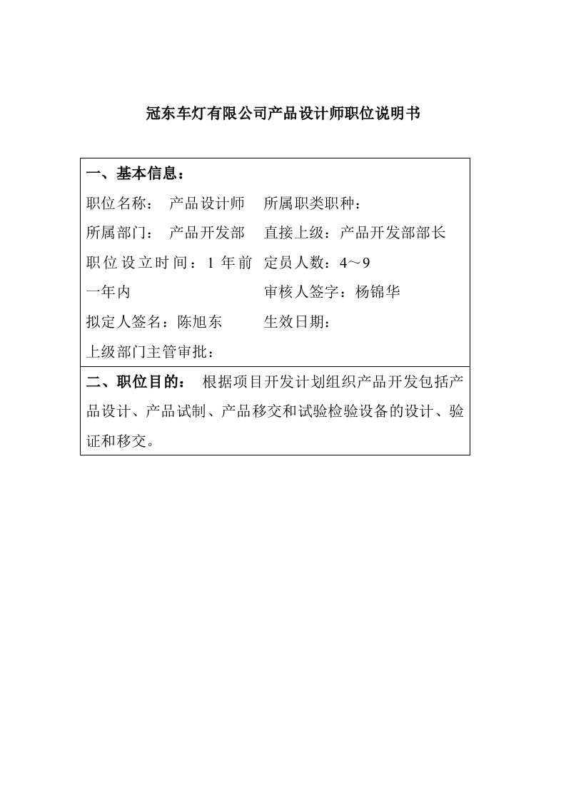 冠东车灯有限公司产品设计师职位说明书