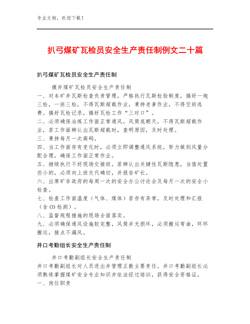 扒弓煤矿瓦检员安全生产责任制例文二十篇