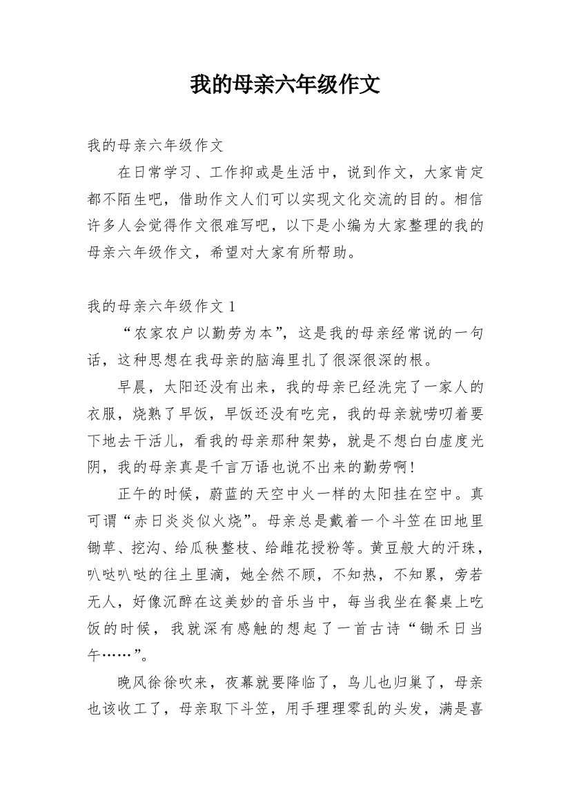 我的母亲六年级作文