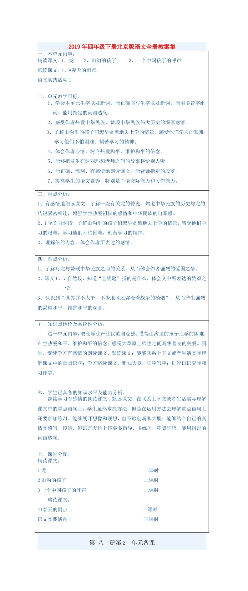 2019年四年级下册北京版语文全册教案集