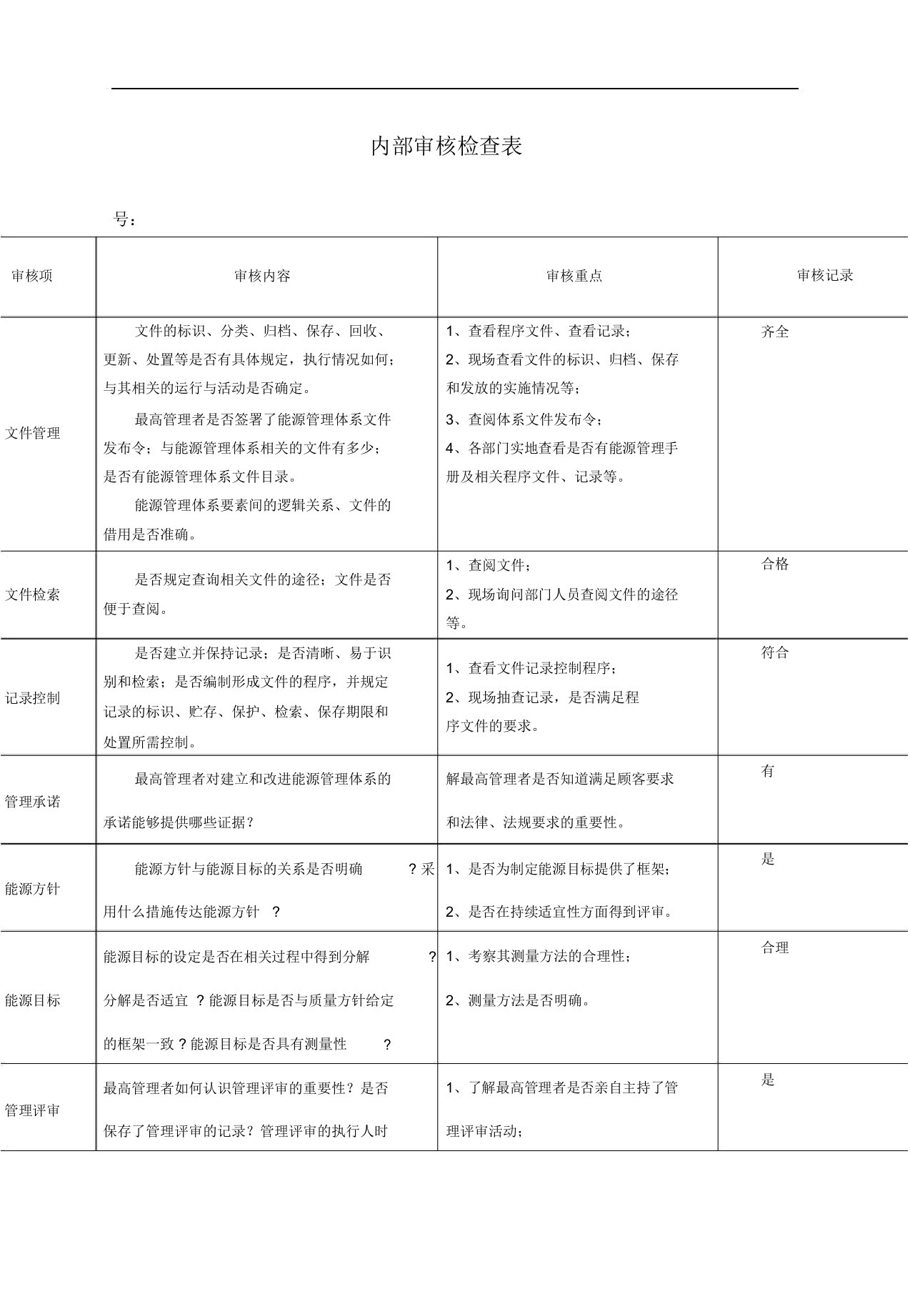 能源管理体系内部审核检查表