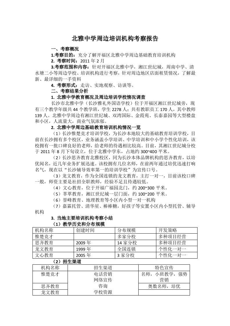 北雅中学周边培训机构考察报告