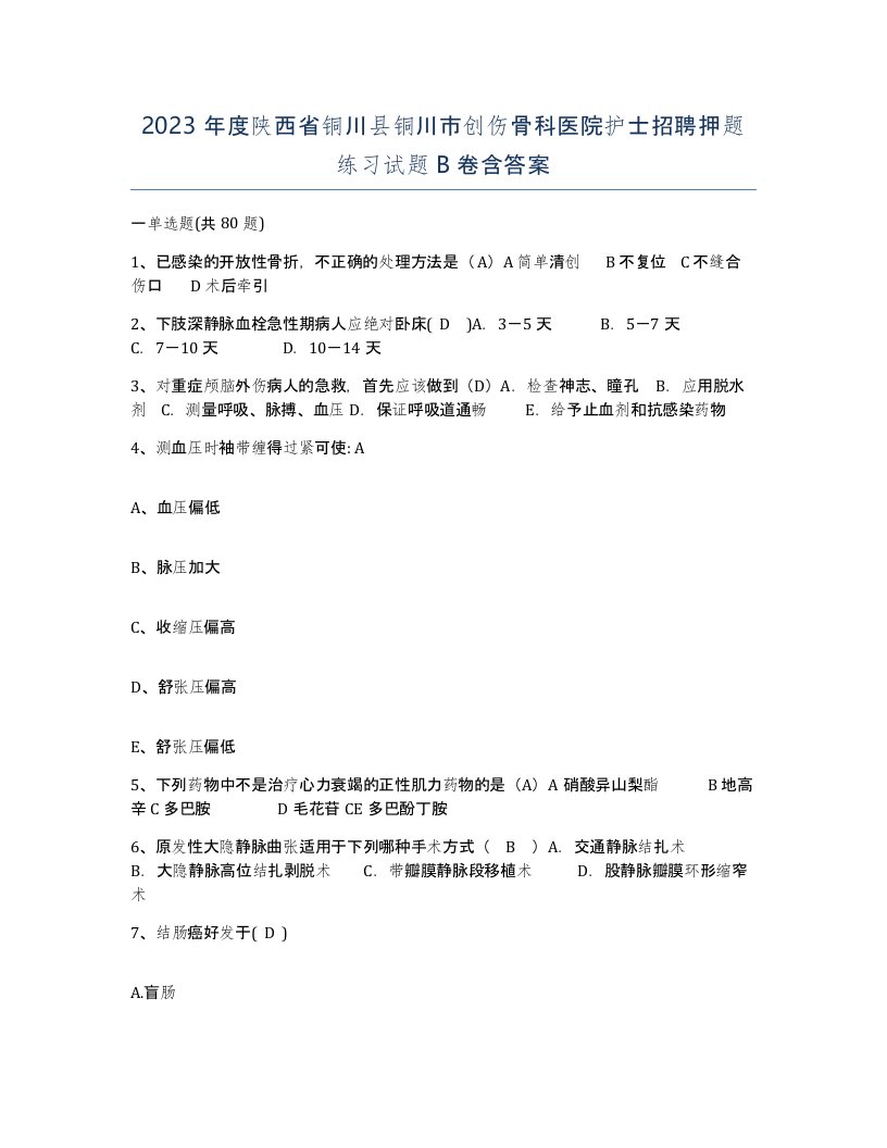 2023年度陕西省铜川县铜川市创伤骨科医院护士招聘押题练习试题B卷含答案