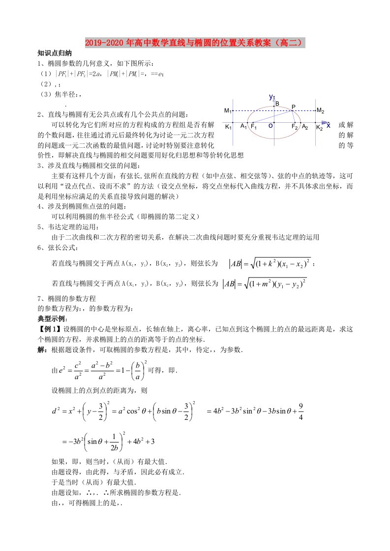 2019-2020年高中数学直线与椭圆的位置关系教案（高二）