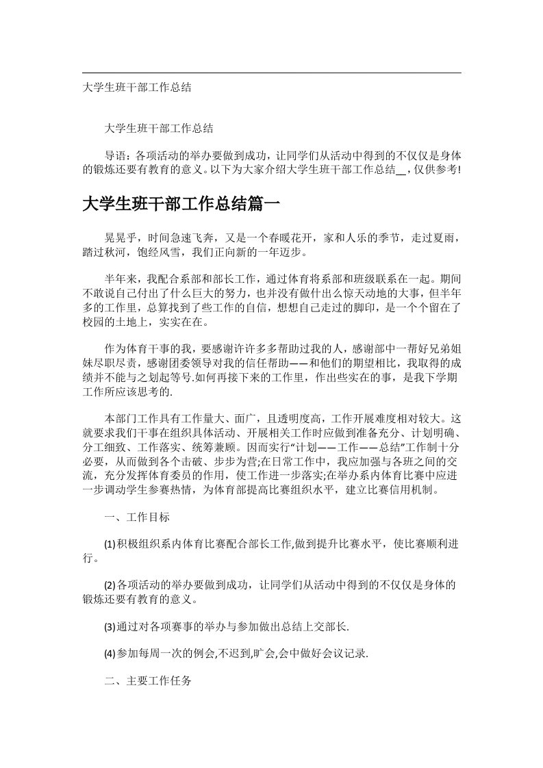 事务文书_大学生班干部工作总结