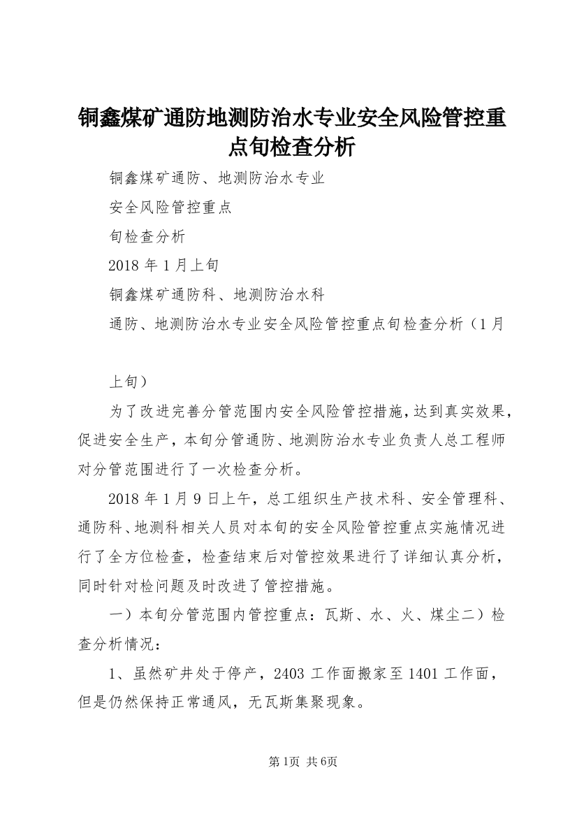 铜鑫煤矿通防地测防治水专业安全风险管控重点旬检查分析