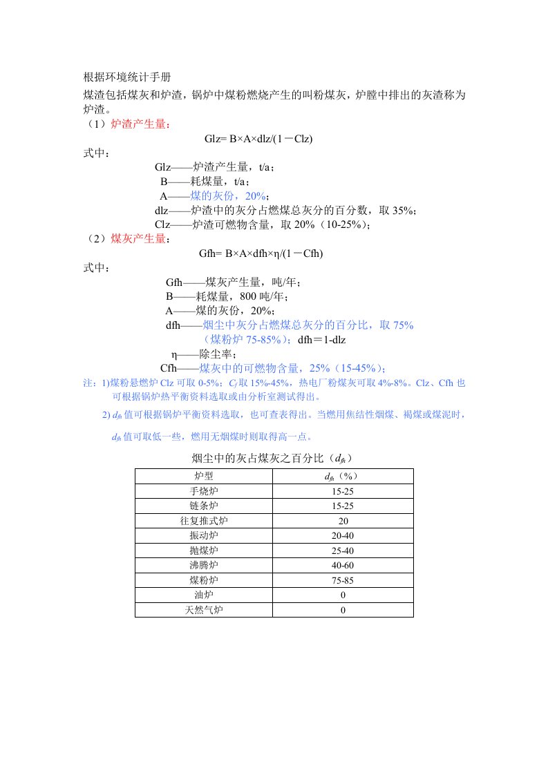 燃煤锅炉灰渣、气量、烟尘、二氧化硫的计算