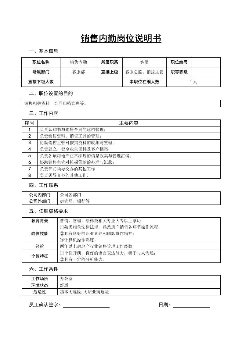 地产培训与销售资料-某房地产公司销售内勤岗位说明书