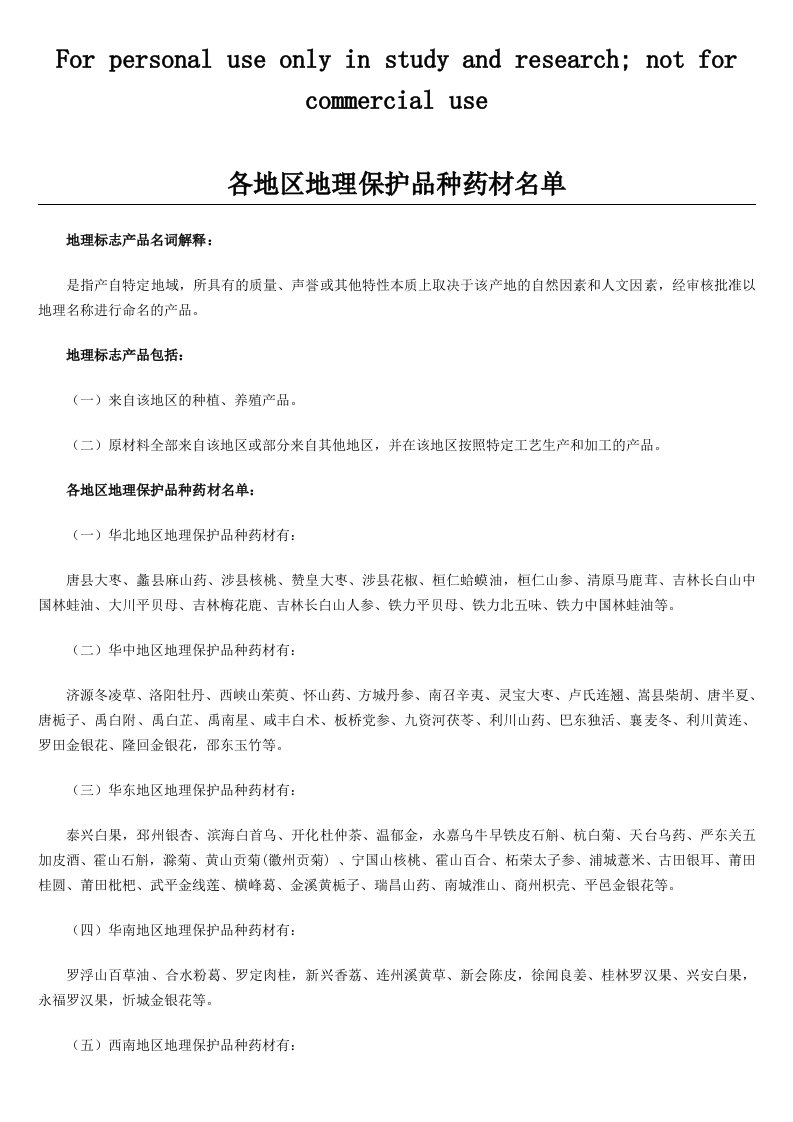 各地区地理保护品种药材名单