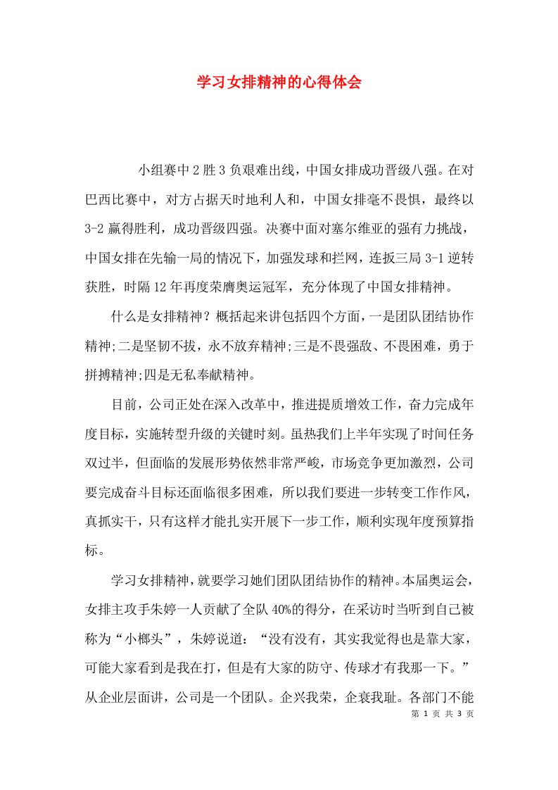 （精选）学习女排精神的心得体会