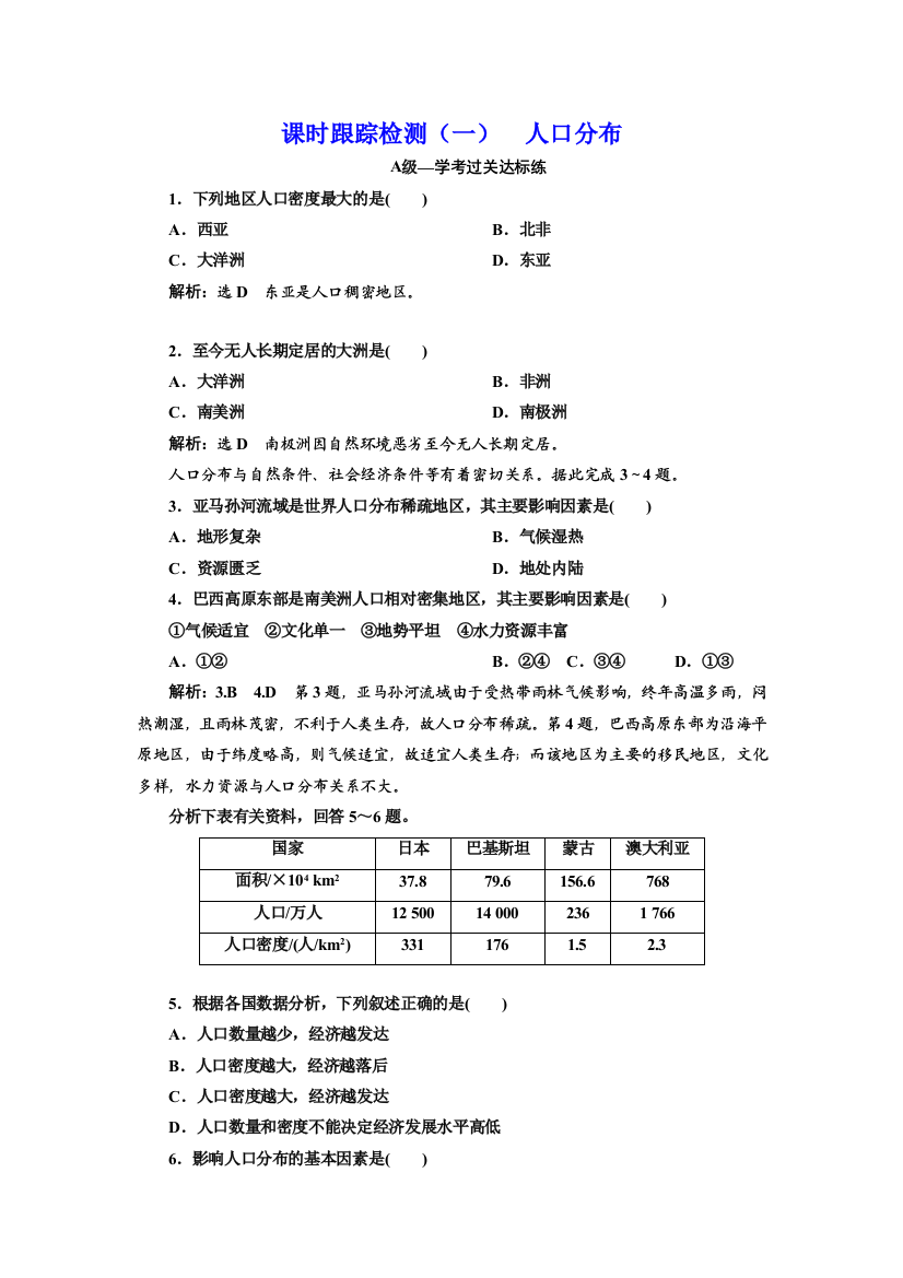 （新教材）2019-2020学年新课程同步鲁教版地理必修第二册学案课时跟踪检测（一）