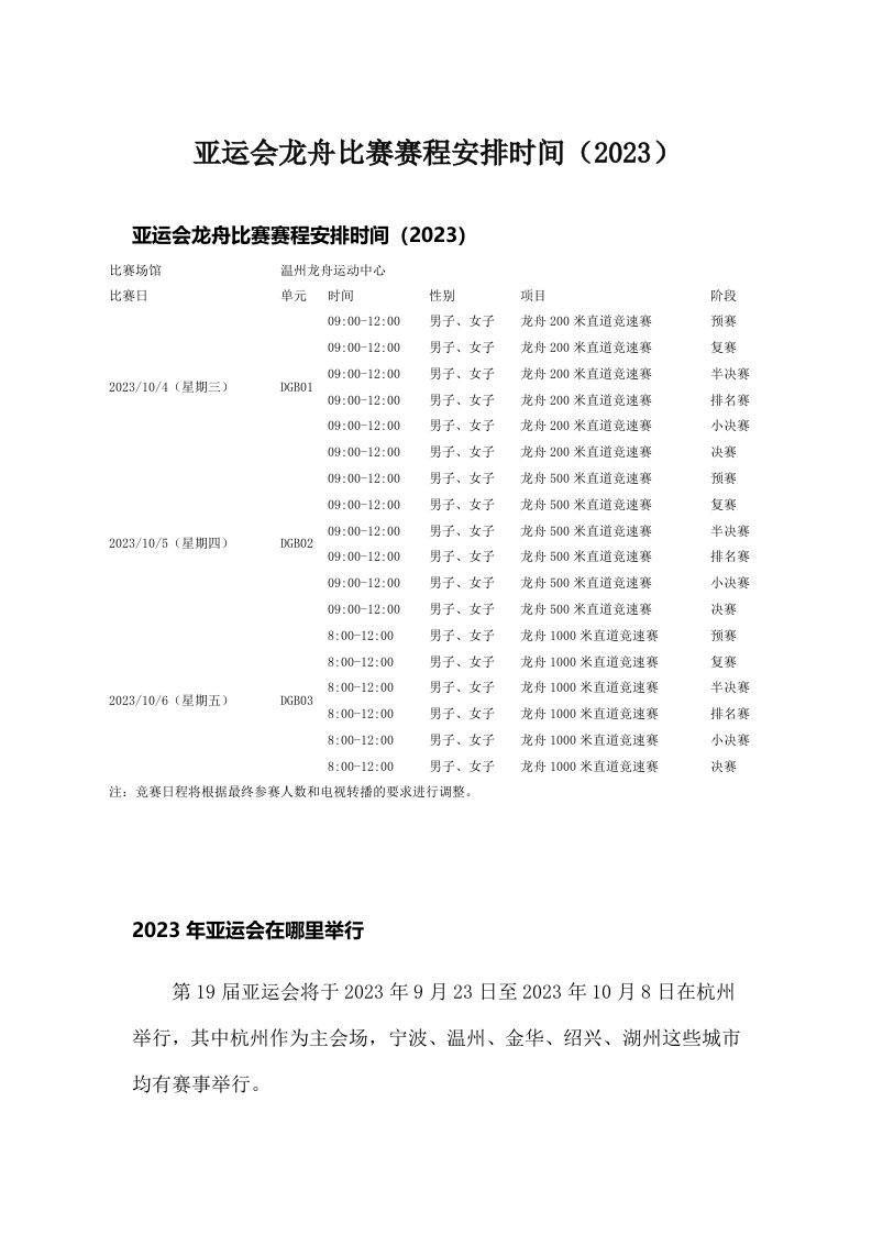 亚运会龙舟比赛赛程安排时间（2023）