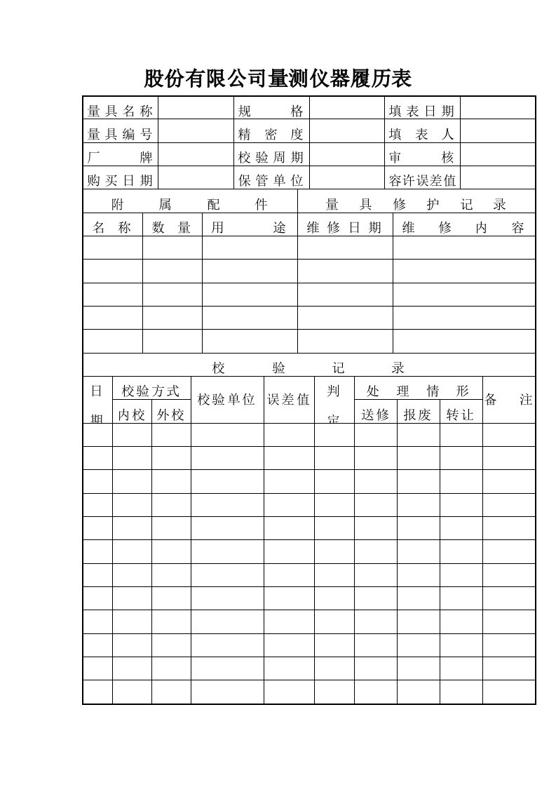 精选股份有限公司量测仪器履历表