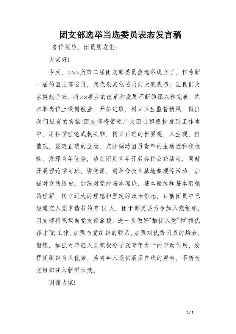 团支部选举当选委员表态发言稿