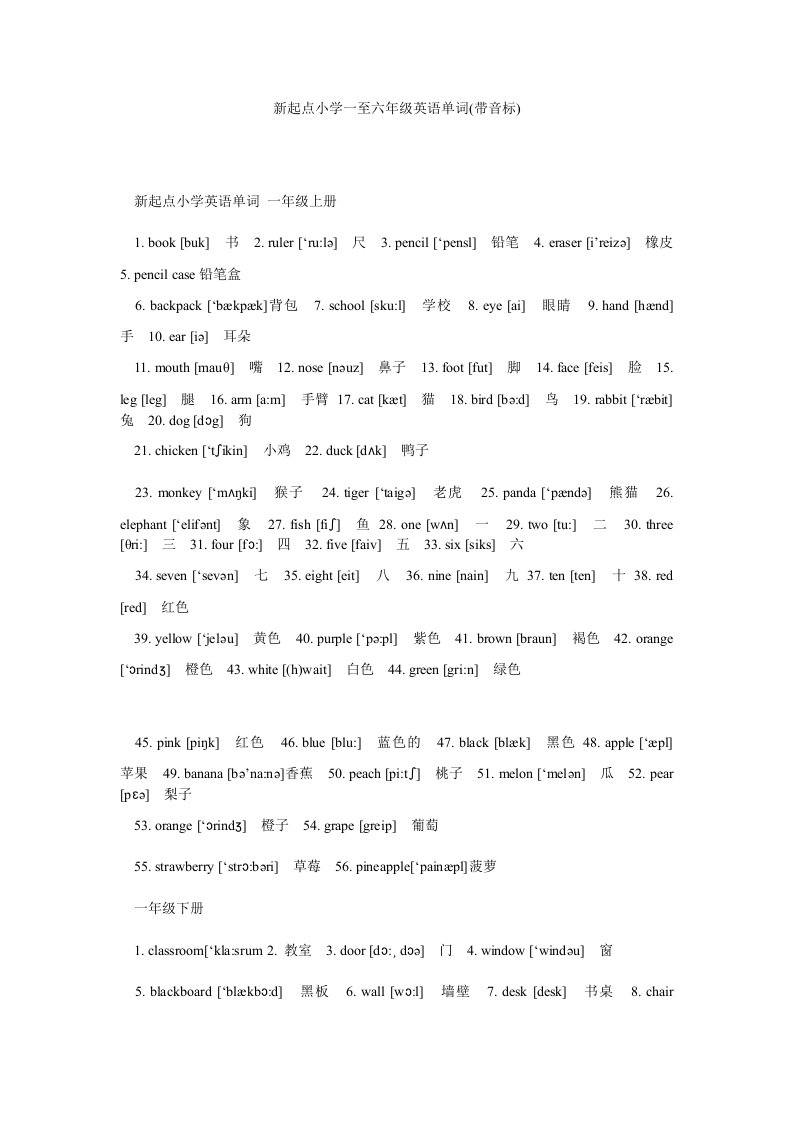 新起点小学一至六年级英语单词(带音标)