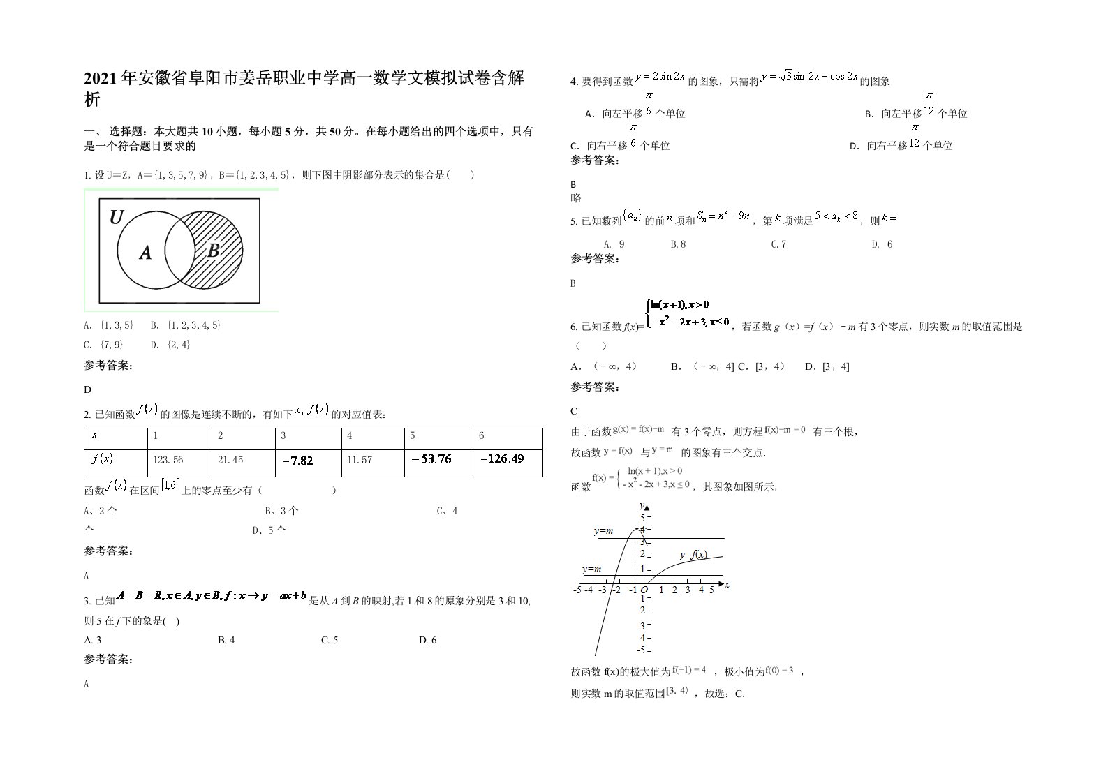 2021年安徽省阜阳市姜岳职业中学高一数学文模拟试卷含解析