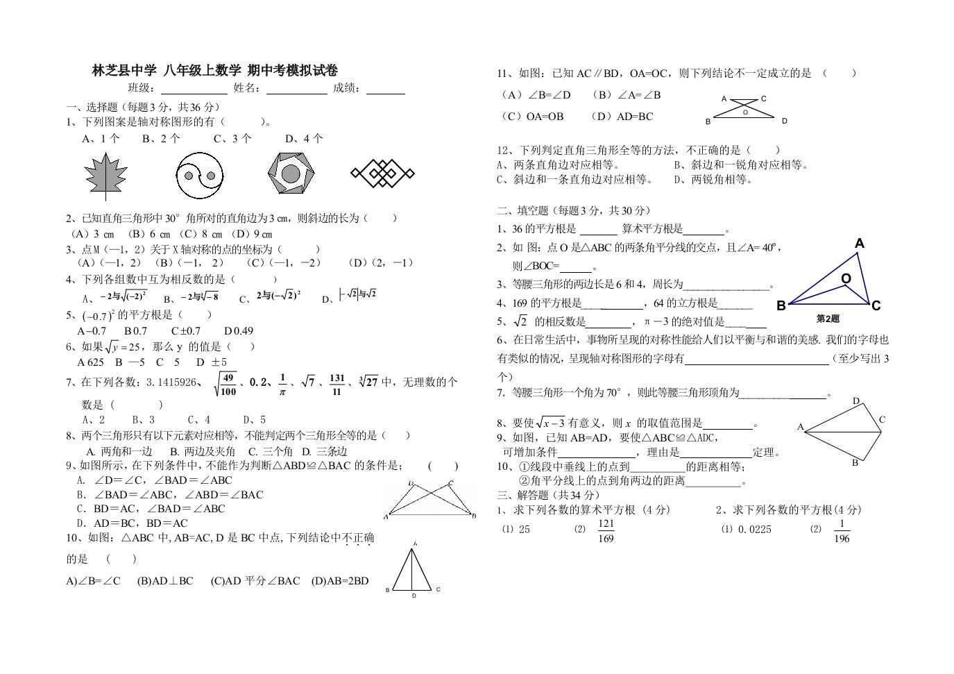 林芝县中学八年级上数学期中考模拟试卷