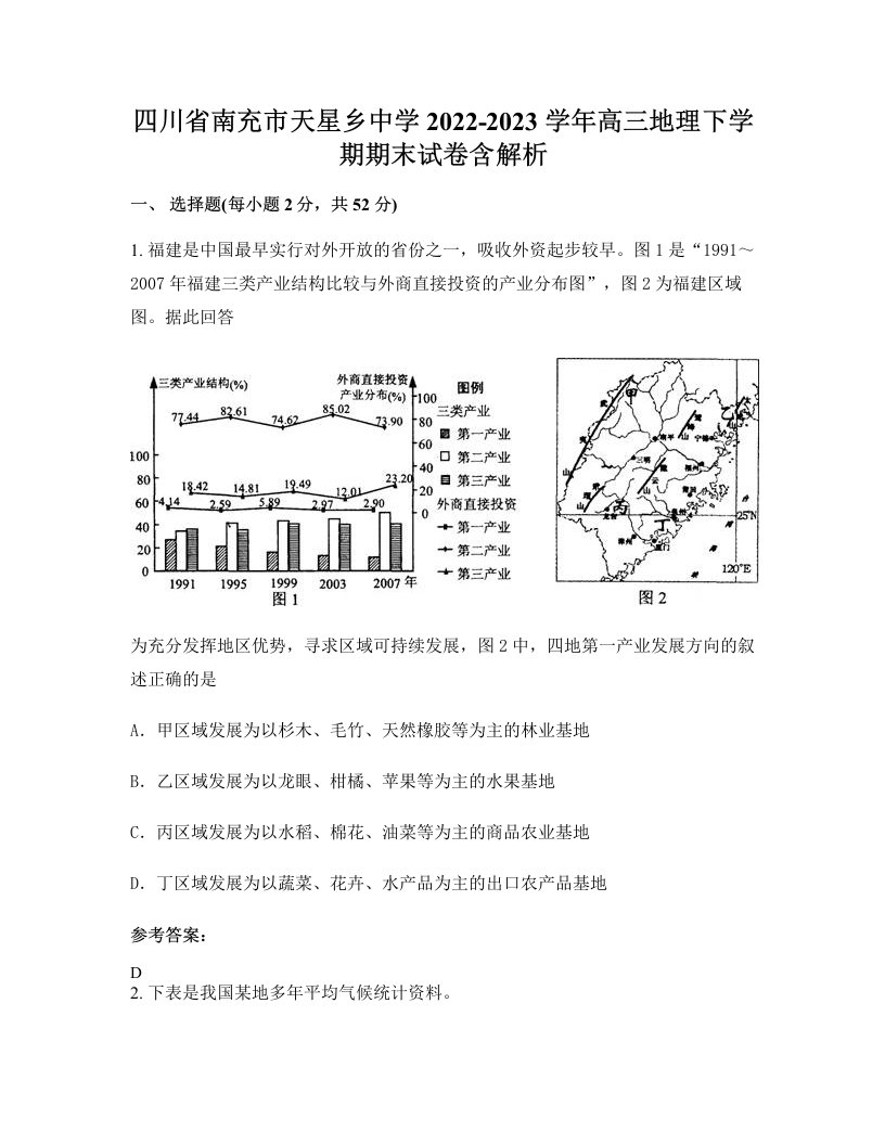 四川省南充市天星乡中学2022-2023学年高三地理下学期期末试卷含解析